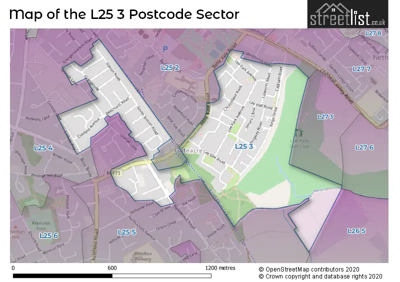 Map of the L25 3 and surrounding postcode sector