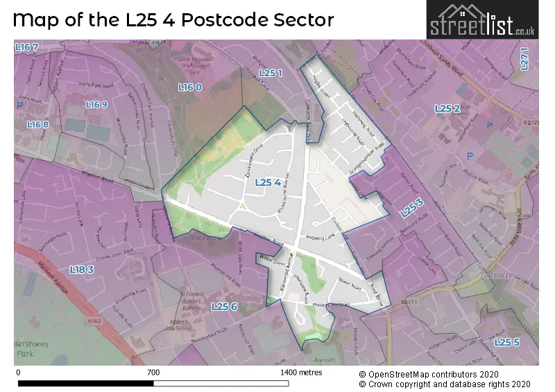 Map of the L25 4 and surrounding postcode sector