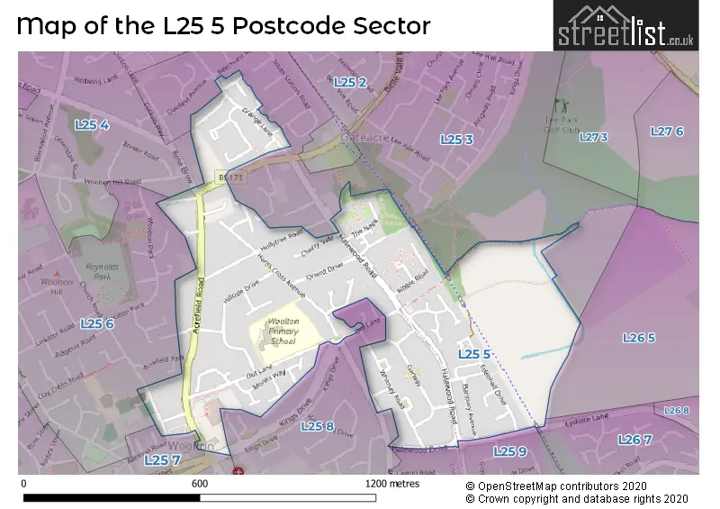 Map of the L25 5 and surrounding postcode sector