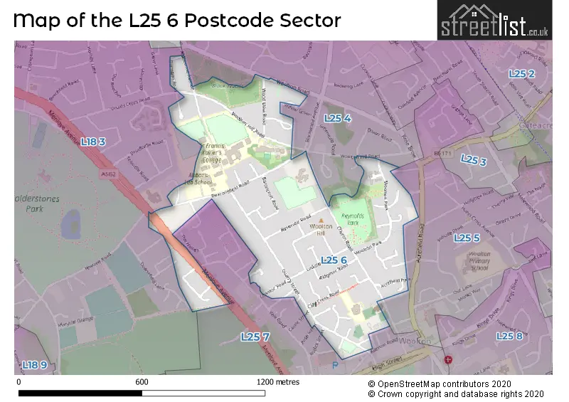 Map of the L25 6 and surrounding postcode sector