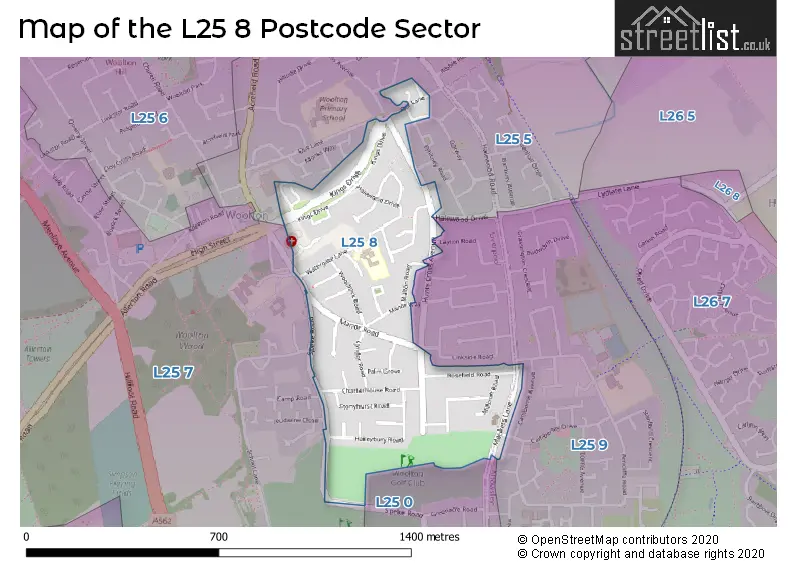 Map of the L25 8 and surrounding postcode sector