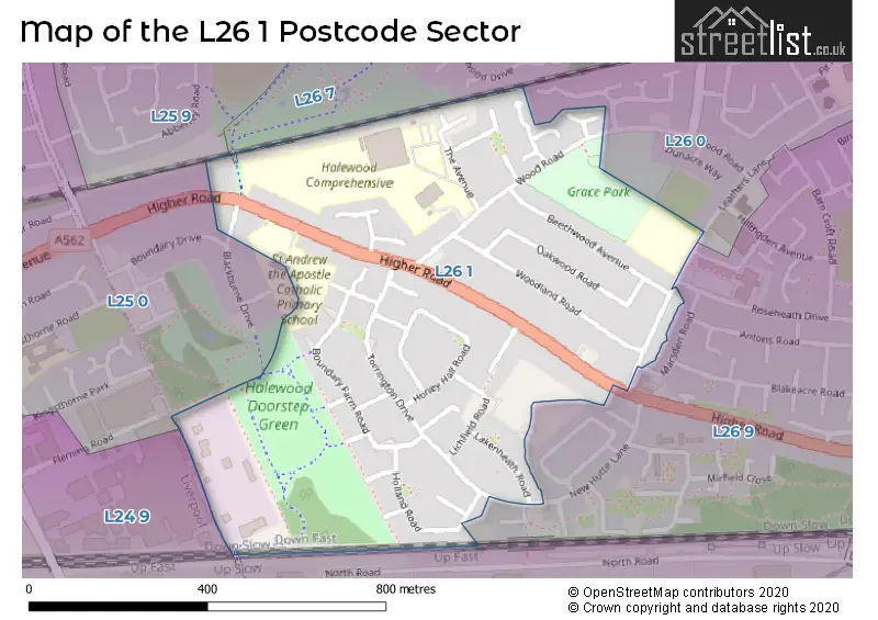 Map of the L26 1 and surrounding postcode sector