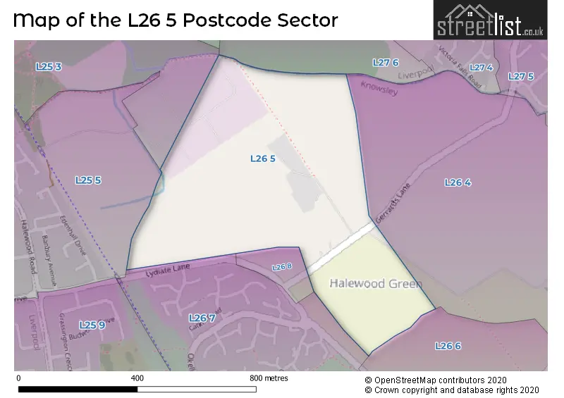 Map of the L26 5 and surrounding postcode sector