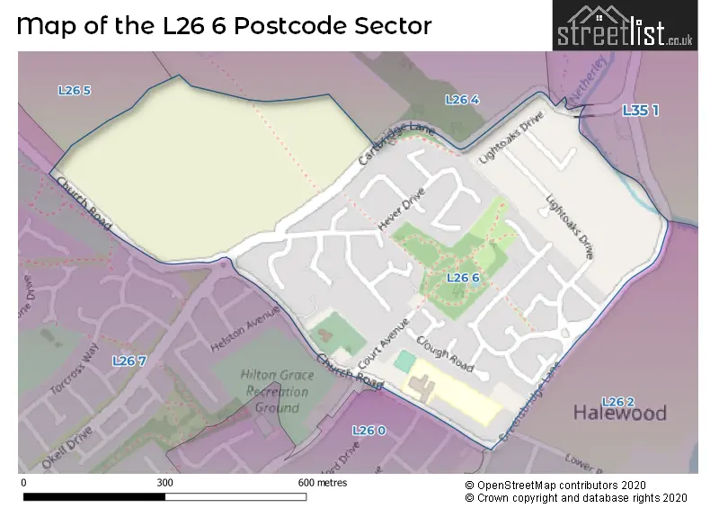 Map of the L26 6 and surrounding postcode sector