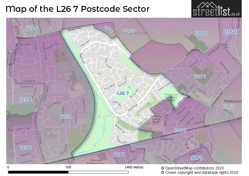 Map of the L26 7 and surrounding postcode sector