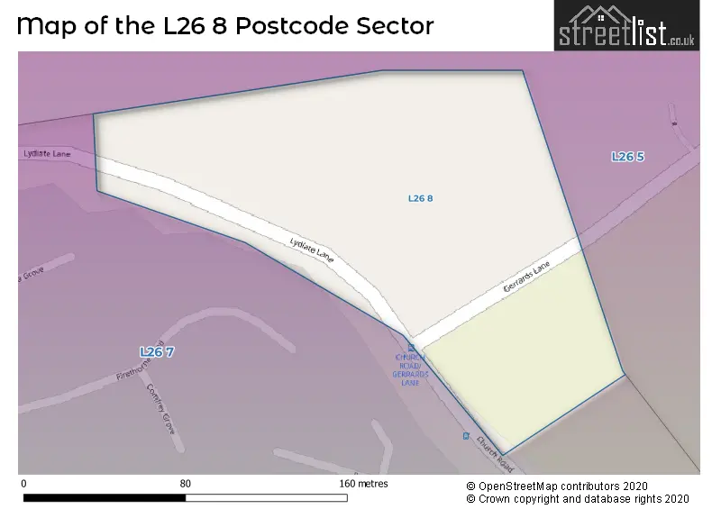 Map of the L26 8 and surrounding postcode sector