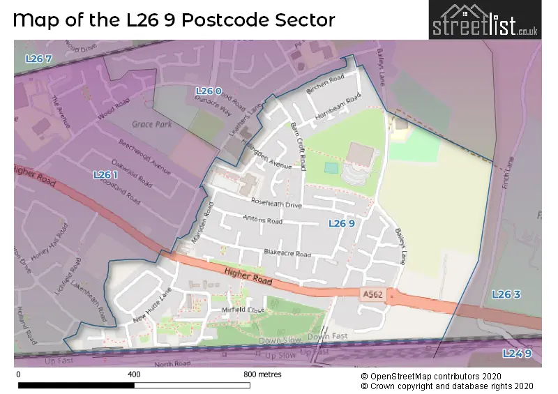 Map of the L26 9 and surrounding postcode sector