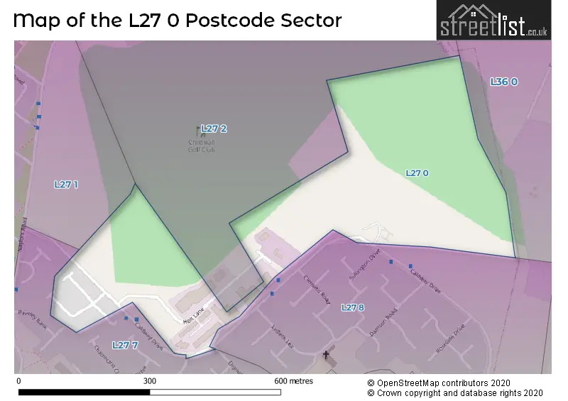 Map of the L27 0 and surrounding postcode sector