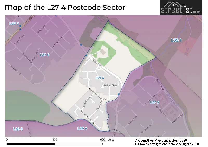 Map of the L27 4 and surrounding postcode sector