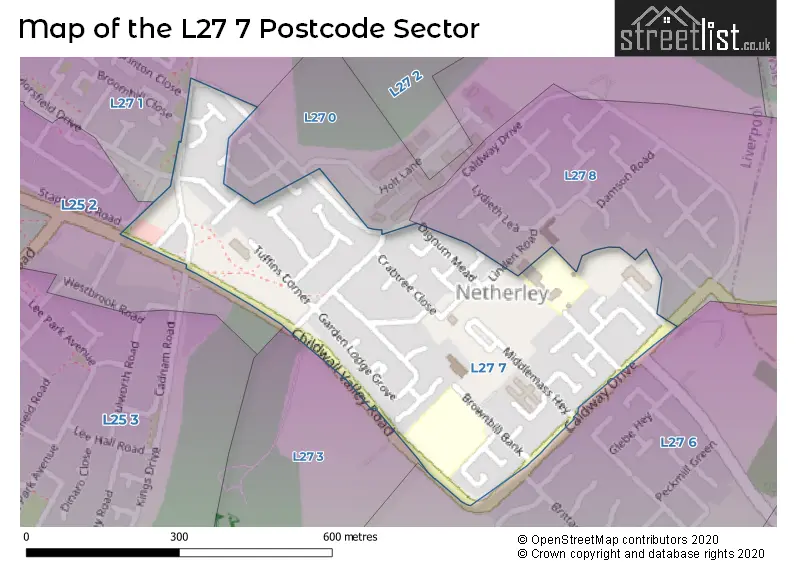 Map of the L27 7 and surrounding postcode sector