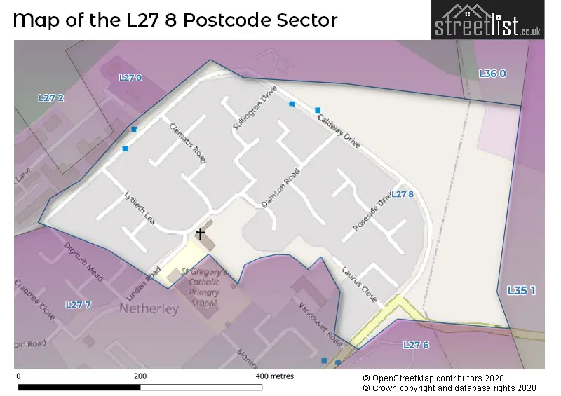 Map of the L27 8 and surrounding postcode sector