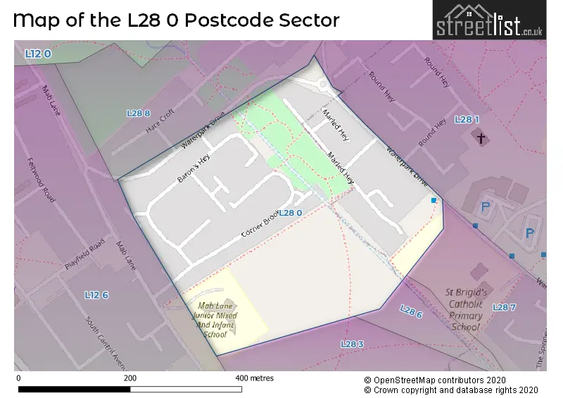 Map of the L28 0 and surrounding postcode sector