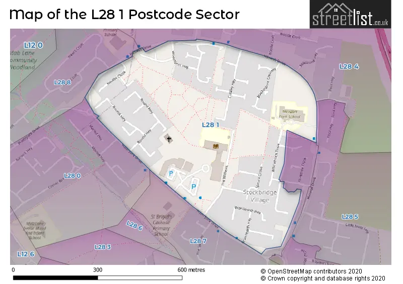 Map of the L28 1 and surrounding postcode sector