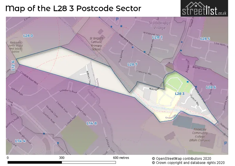 Map of the L28 3 and surrounding postcode sector
