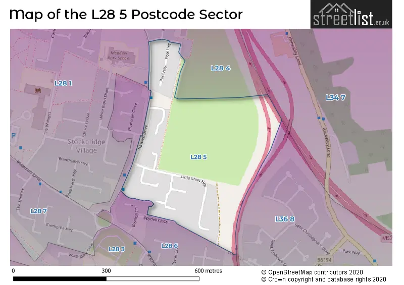 Map of the L28 5 and surrounding postcode sector