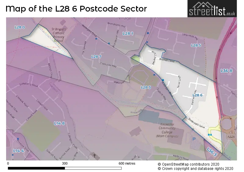 Map of the L28 6 and surrounding postcode sector