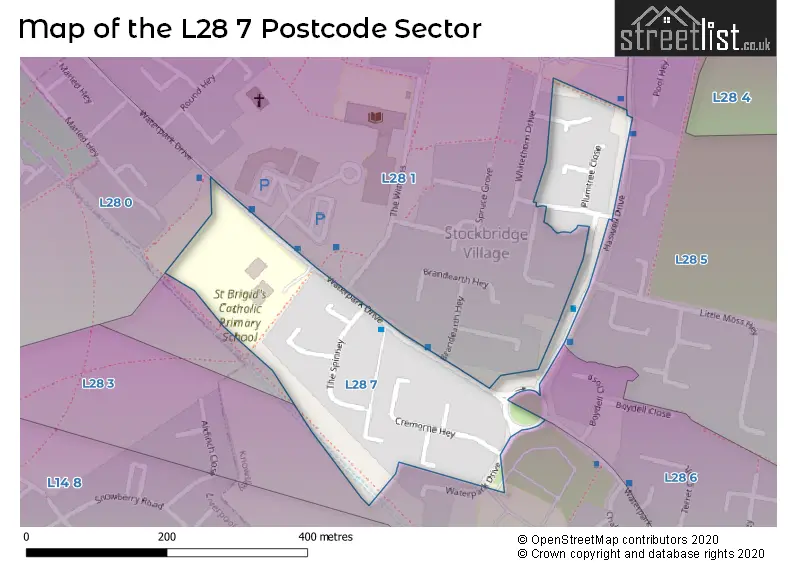 Map of the L28 7 and surrounding postcode sector