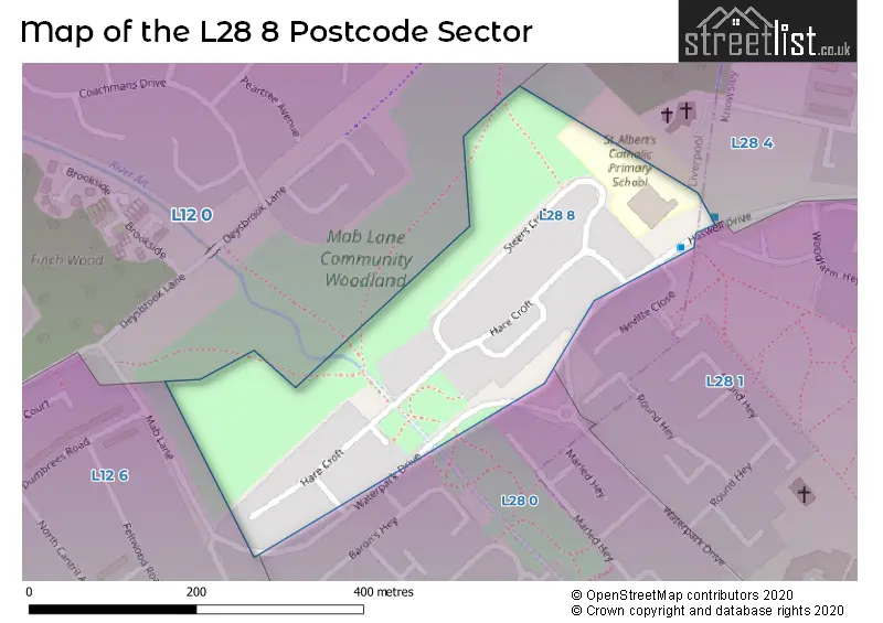 Map of the L28 8 and surrounding postcode sector