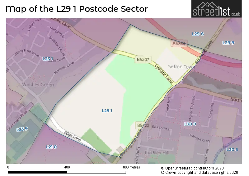 Map of the L29 1 and surrounding postcode sector