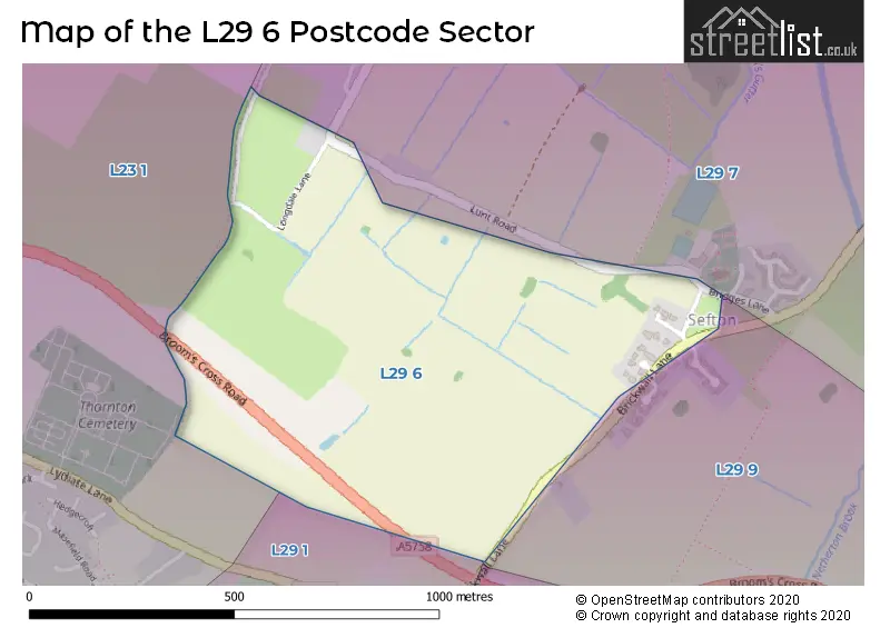 Map of the L29 6 and surrounding postcode sector