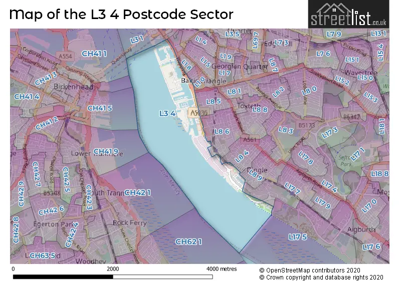 Map of the L3 4 and surrounding postcode sector
