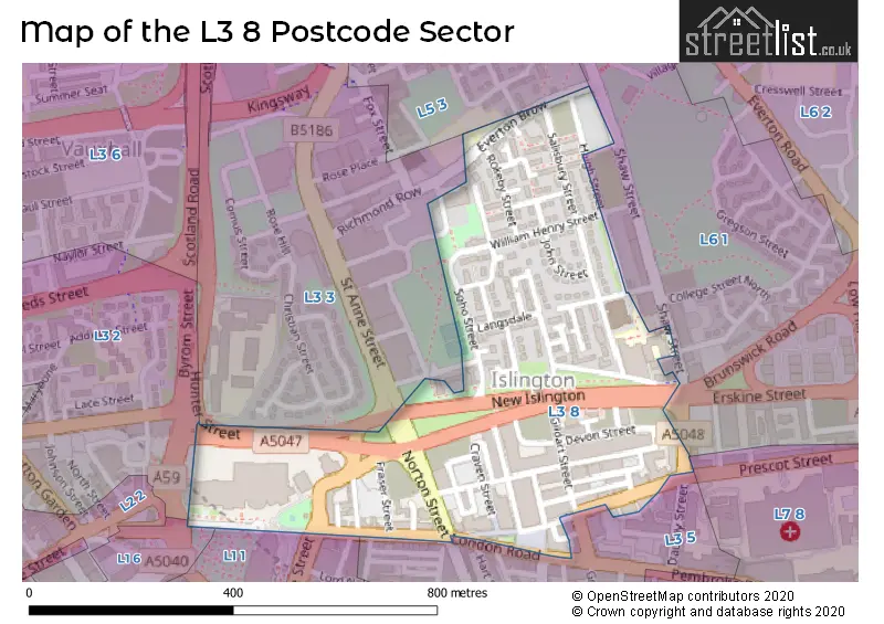 Map of the L3 8 and surrounding postcode sector
