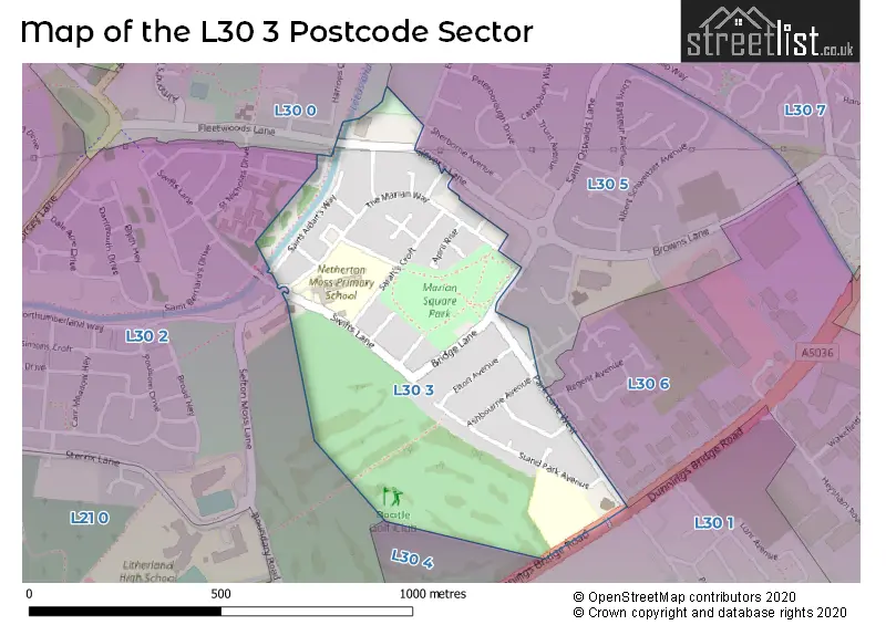 Map of the L30 3 and surrounding postcode sector