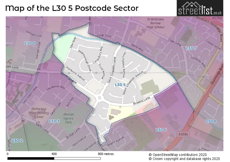 Map of the L30 5 and surrounding postcode sector