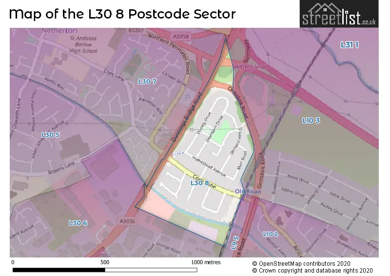 Map of the L30 8 and surrounding postcode sector