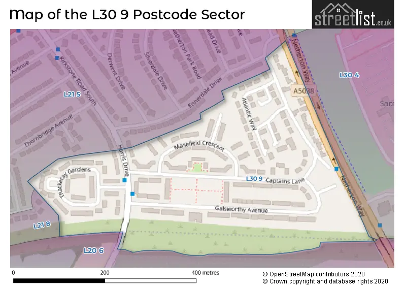 Map of the L30 9 and surrounding postcode sector