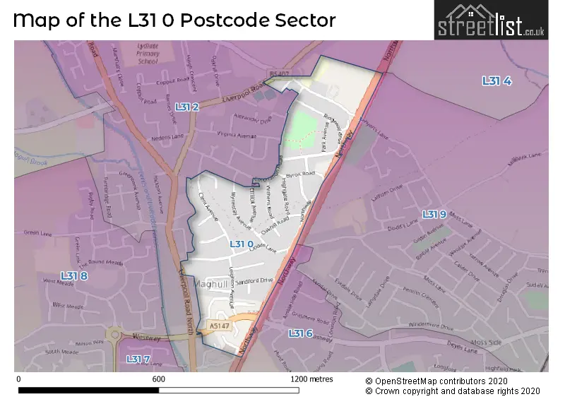 Map of the L31 0 and surrounding postcode sector