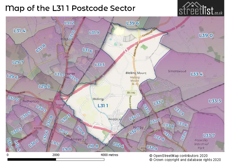 Map of the L31 1 and surrounding postcode sector