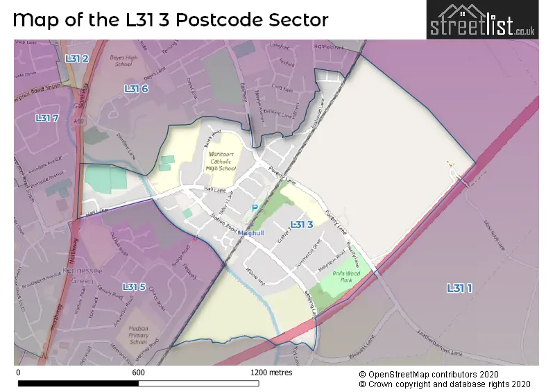 Map of the L31 3 and surrounding postcode sector