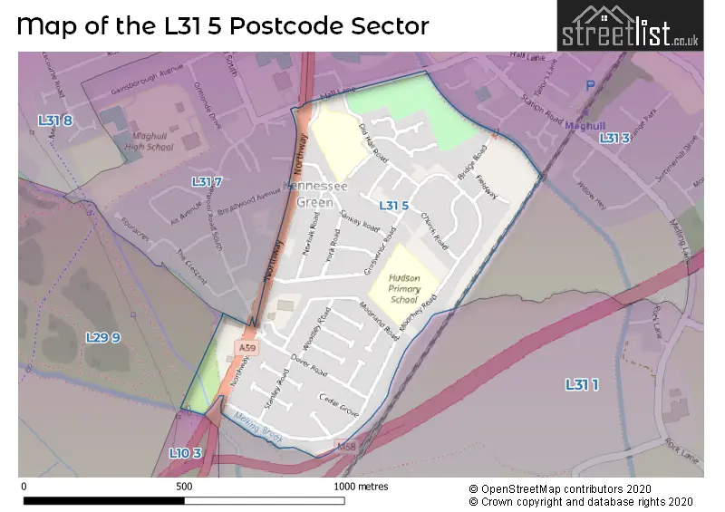 Map of the L31 5 and surrounding postcode sector