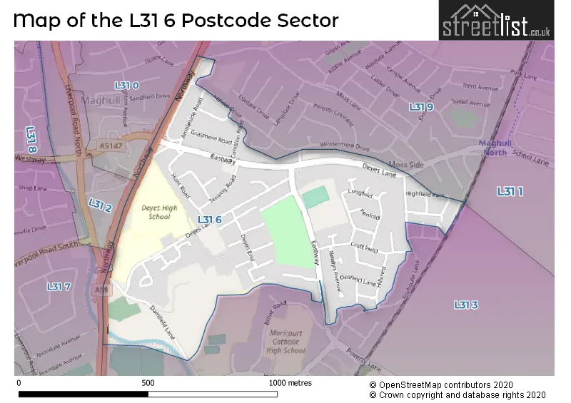 Map of the L31 6 and surrounding postcode sector