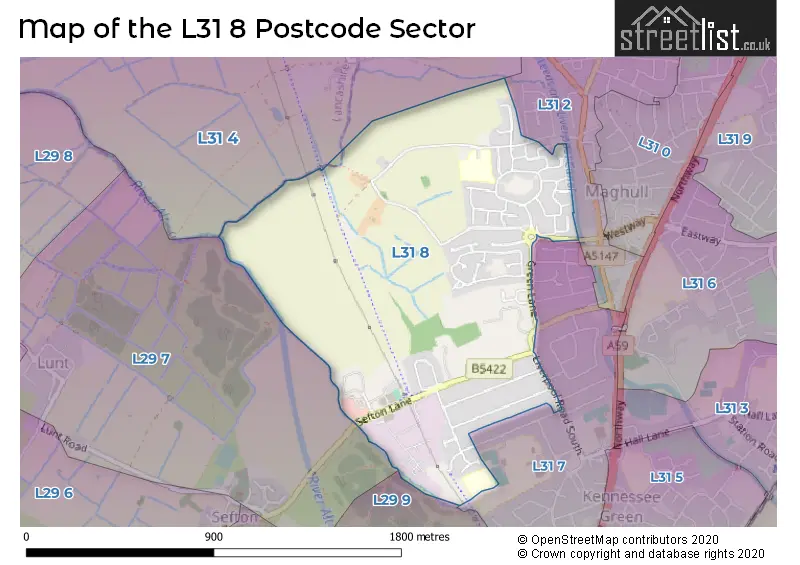 Map of the L31 8 and surrounding postcode sector