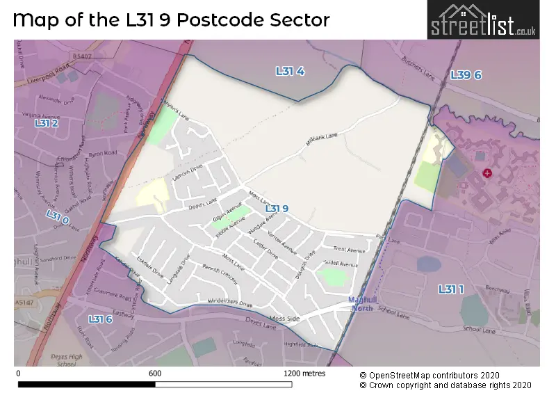 Map of the L31 9 and surrounding postcode sector