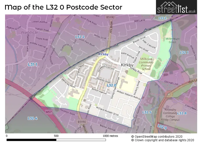 Map of the L32 0 and surrounding postcode sector