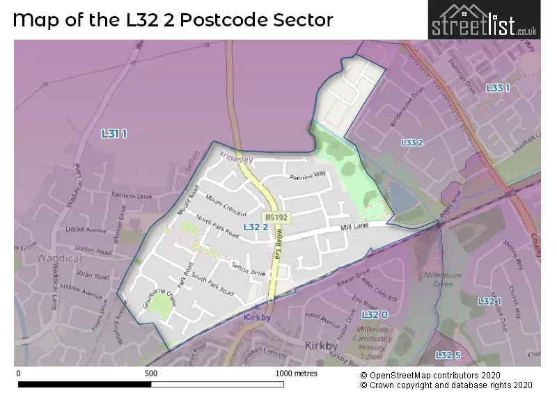 Map of the L32 2 and surrounding postcode sector