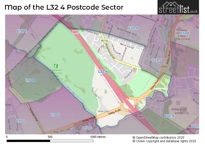 Map of the L32 4 and surrounding postcode sector