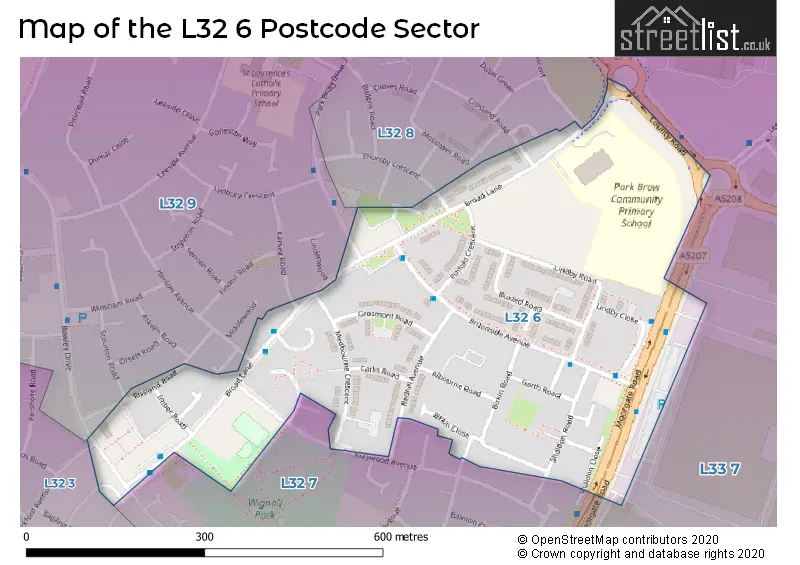 Map of the L32 6 and surrounding postcode sector