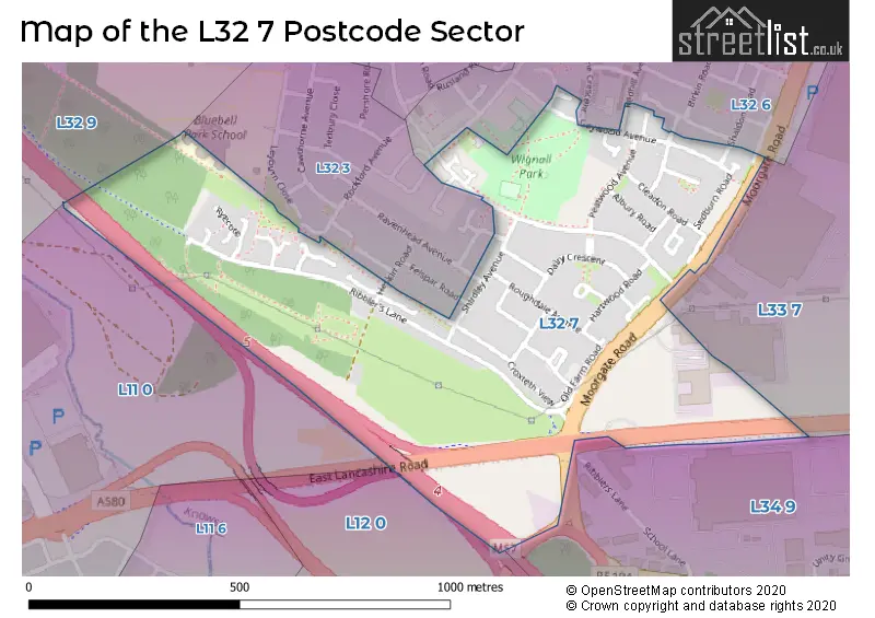 Map of the L32 7 and surrounding postcode sector