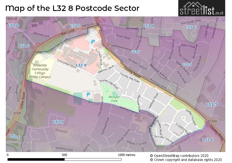 Map of the L32 8 and surrounding postcode sector