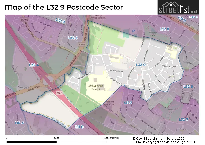 Map of the L32 9 and surrounding postcode sector