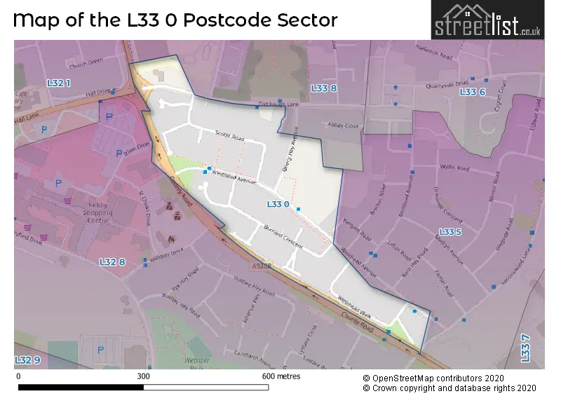 Map of the L33 0 and surrounding postcode sector