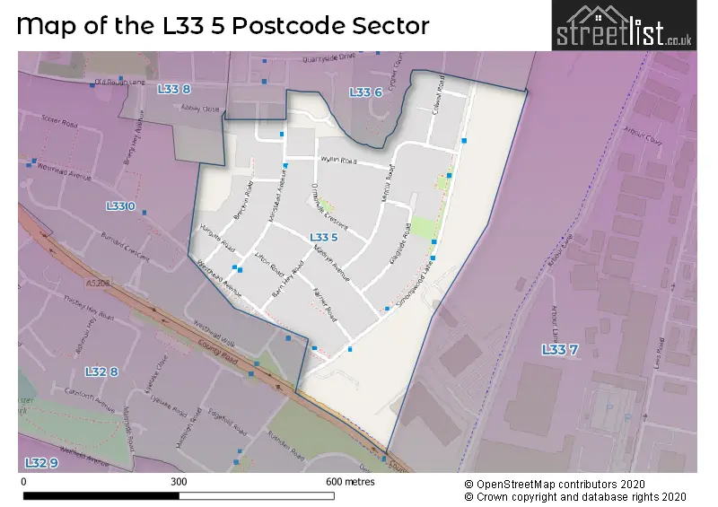 Map of the L33 5 and surrounding postcode sector
