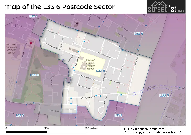 Map of the L33 6 and surrounding postcode sector