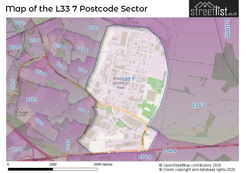 Map of the L33 7 and surrounding postcode sector