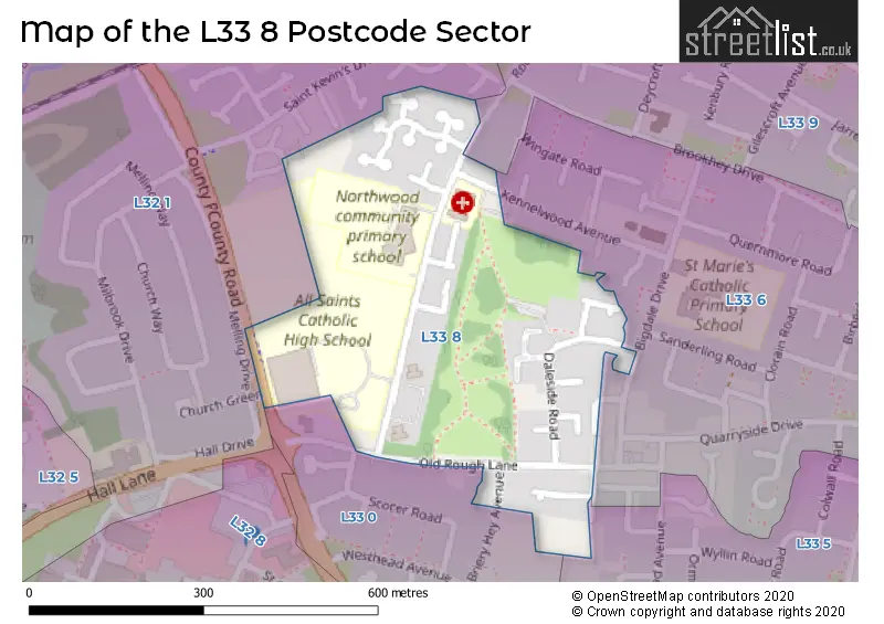 Map of the L33 8 and surrounding postcode sector
