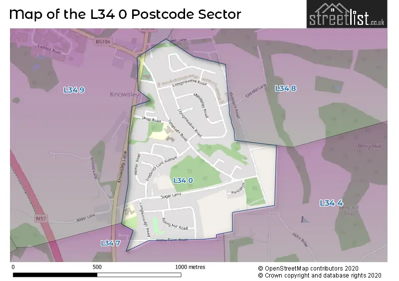 Map of the L34 0 and surrounding postcode sector